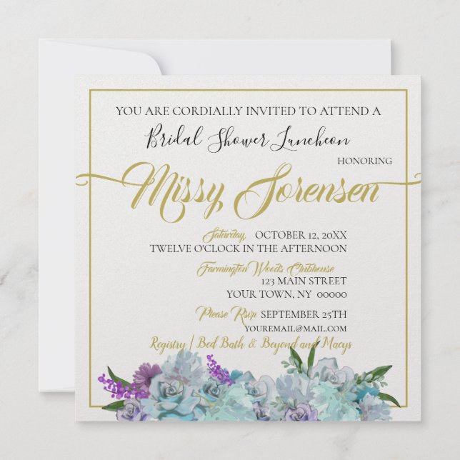 Teal Blue Bouquet Wedding Suite Bridal Shower Invitation (Back)