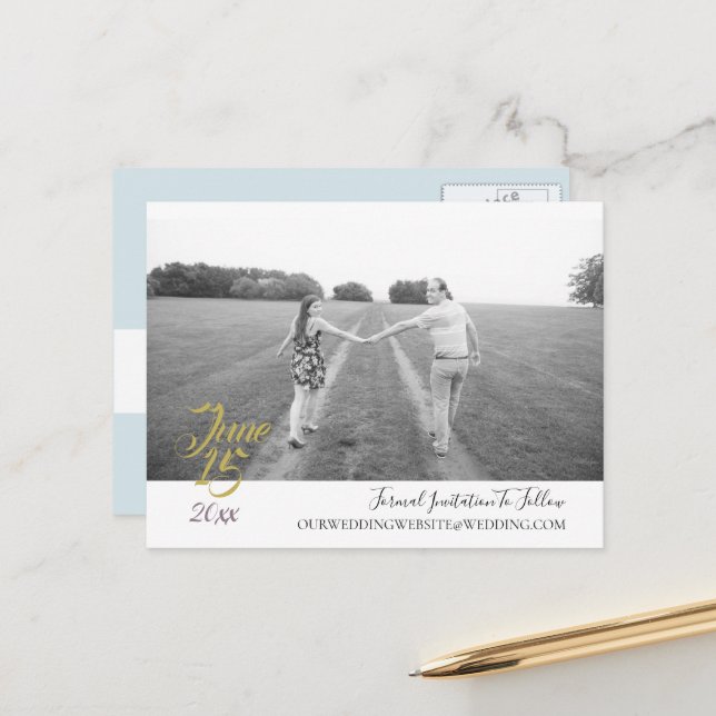 Teal Blue Bouquet Wedding Suite Save The Date Postcard (Front/Back In Situ)