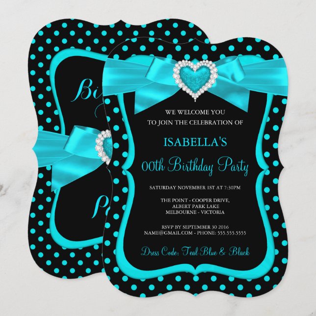 Teal Blue Bow Black Polka Dots Birthday Party Invitation (Front/Back)