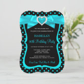 Teal Blue Bow Black Polka Dots Birthday Party Invitation (Standing Front)