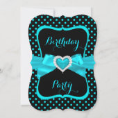 Teal Blue Bow Black Polka Dots Birthday Party Invitation (Back)