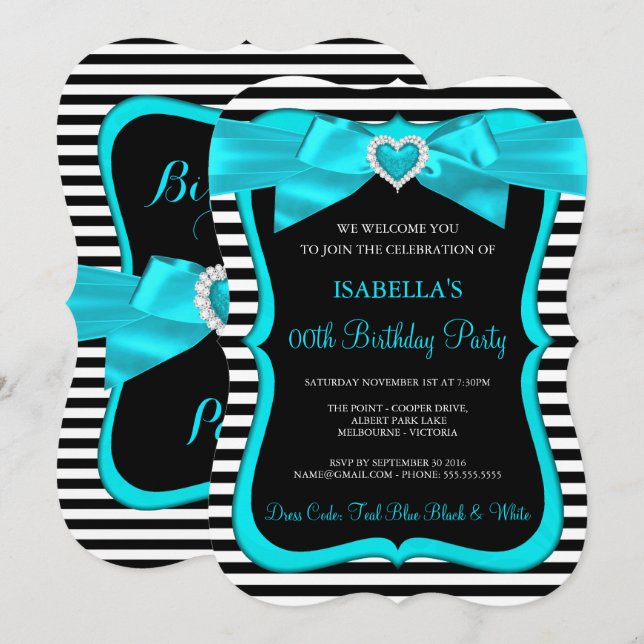 Teal Blue Bow Black White Stripe Birthday Party Invitation (Front/Back)