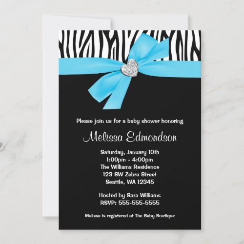 Teal Blue Bow Diamond Heart Zebra Baby Shower Announcements