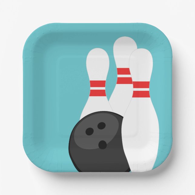 Teal Blue Bowling Party Paper Plates (Front)