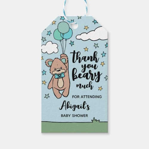 Teal Blue Boy Baby Shower Thank You Beary Much Gift Tags