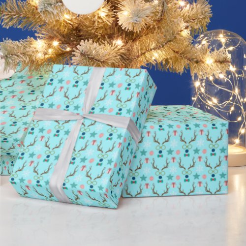 Teal Blue Boy Reindeer Cute Pattern Mix  Wrapping Paper