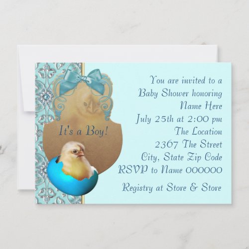 Teal Blue Boys Baby Chick Shower Invitations