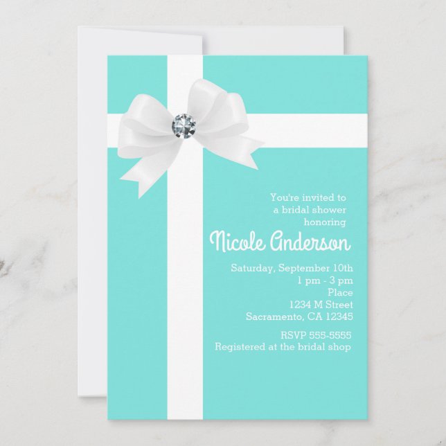 Teal Blue Bridal Shower White Bow & Diamond Invitation (Front)