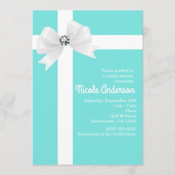 Teal Blue Bridal Shower White Bow & Diamond Invitation by printabledigidesigns at Zazzle