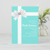 Teal Blue Bridal Shower White Bow & Diamond Invitation (Standing Front)