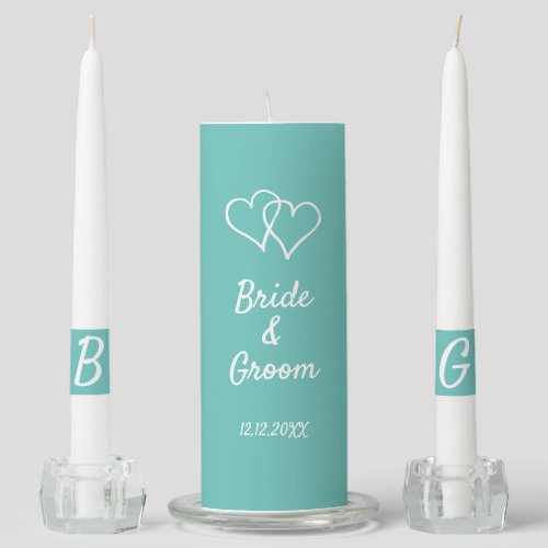 Teal blue bride and groom wedding unity candle set