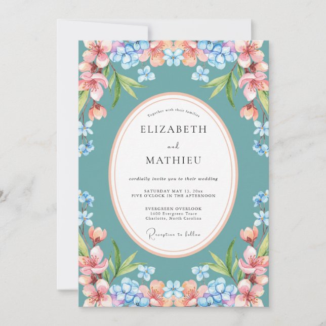 Teal Blue Bright Botanical Wedding Invitation (Front)