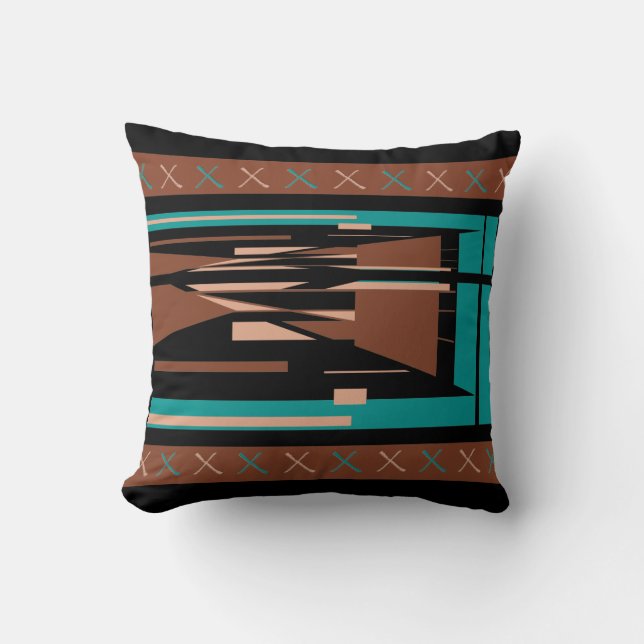 Teal Blue Brown Beige Black Mediterranean Mosaic Throw Pillow (Front)
