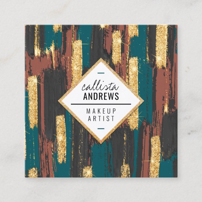 Teal Blue Brown Black Gold Glitter Paint Makeup Square Business Card (Front)