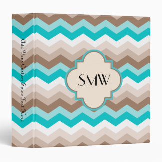 Teal Blue Brown Chevron Modern Monogram Binder