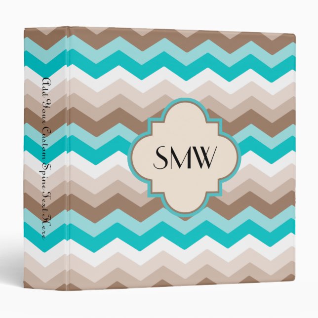 Teal Blue Brown Chevron Modern Monogram Binder (Front/Spine)