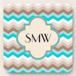 Teal Blue Brown Chevron Modern Monogram Coaster