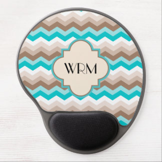 Teal Blue Brown Chevron Modern Monogram Gel Mouse Pad
