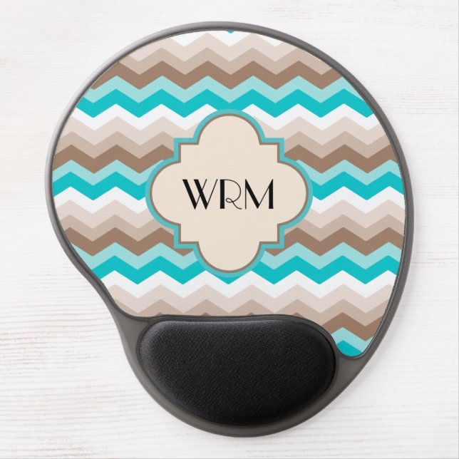 Teal Blue Brown Chevron Modern Monogram Gel Mouse Pad (Front)
