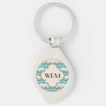 Teal Blue Brown Chevron Modern Monogram Keychain