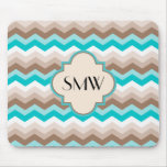 Teal Blue Brown Chevron Modern Monogram Mouse Pad