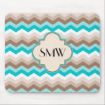 Teal Blue Brown Chevron Modern Monogram Mouse Pad