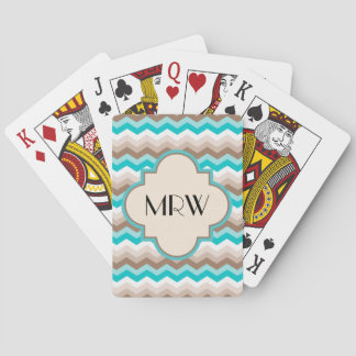 Teal Blue Brown Chevron Modern Monogram Poker Cards