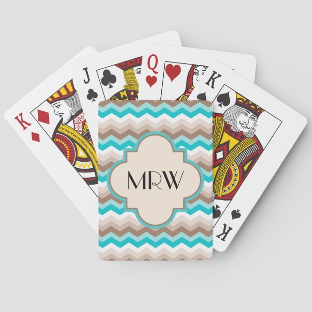 Teal Blue Brown Chevron Modern Monogram Poker Cards (Back)