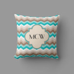 Teal Blue Brown Chevron Modern Monogram Throw Pillow