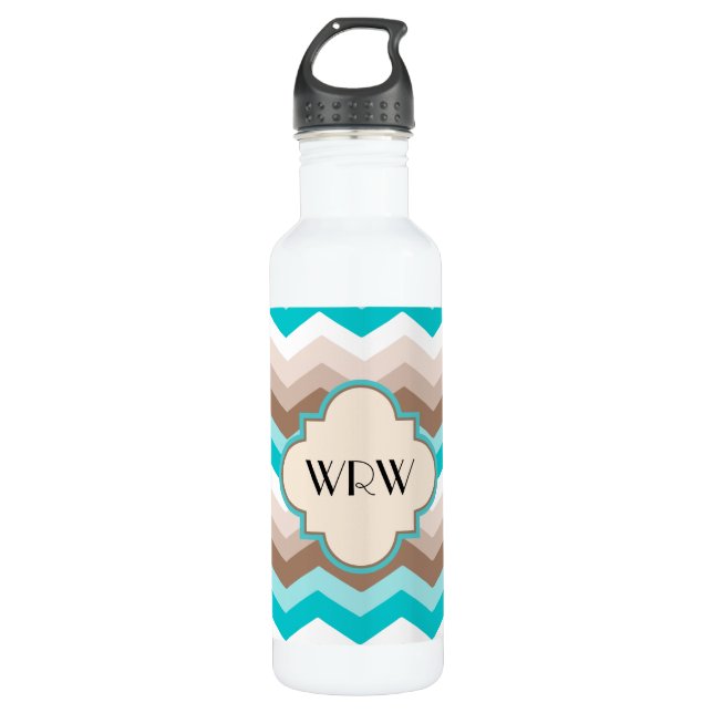 Teal Blue Brown Chevron Modern Monogram Water Bottle (Front)