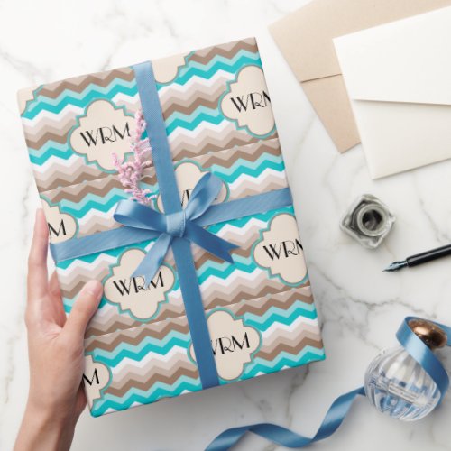 Teal Blue Brown Chevron Modern Monogram Wrapping Paper