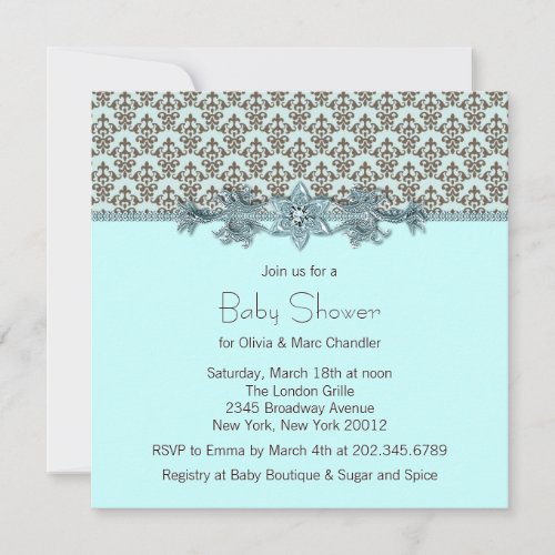 Teal Blue Brown Damask Baby Shower Invitations