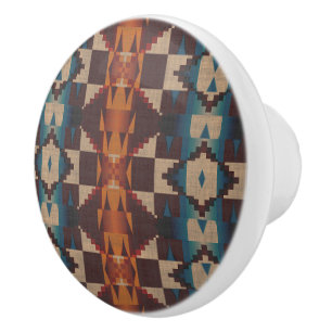Teal Blue Brown Dark Red Rust Orange Tribal Art Ceramic Knob