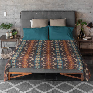 Teal Blue Brown Dark Red Rust Orange Tribal Art Duvet Cover