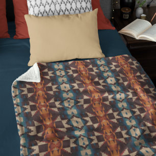 Teal Blue Brown Dark Red Rust Orange Tribal Art Fleece Blanket