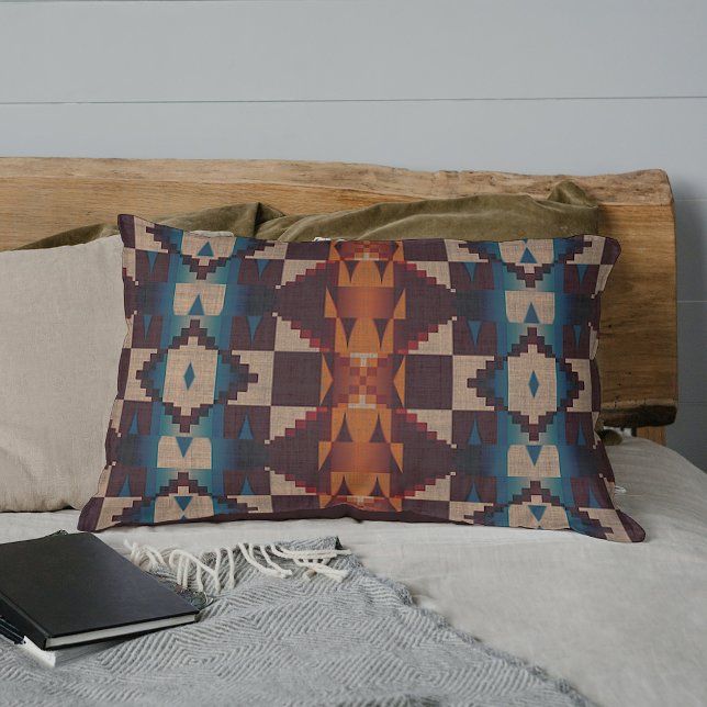 Teal Blue Brown Dark Red Rust Orange Tribal Art Lumbar Pillow (Creator Uploaded)