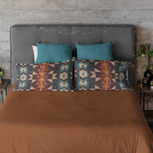 Teal Blue Brown Dark Red Rust Orange Tribal Art Pillow Case