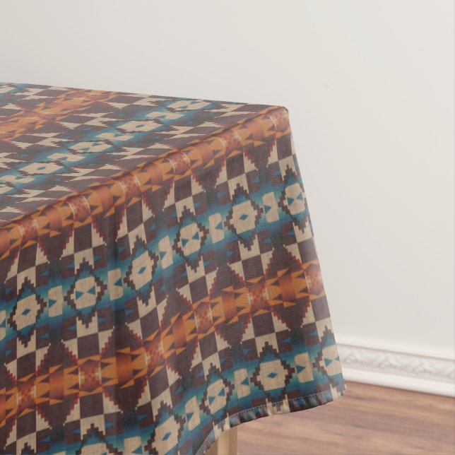Teal Blue Brown Dark Red Rust Orange Tribal Art Tablecloth (In Situ)