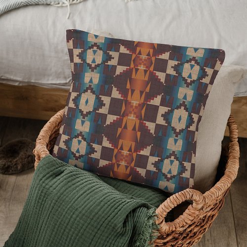 Teal Blue Brown Dark Red Rust Orange Tribal Art Throw Pillow