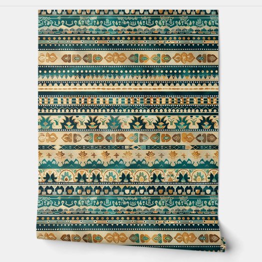 Teal Blue Brown Ornamental Striped Pattern 