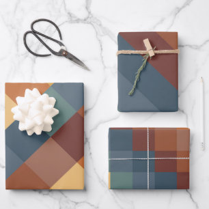 TEAL BLUE BROWN TAN YELLOW FALL AUTUMN PATTERNS WR WRAPPING PAPER SHEETS