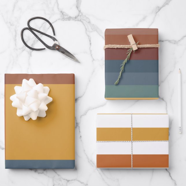 TEAL BLUE BROWN TAN YELLOW FALL AUTUMN PATTERNS WRAPPING PAPER SHEETS (Front)