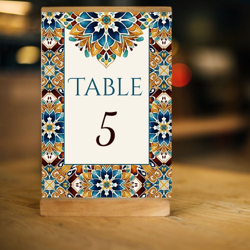 Teal Blue brown vintage talavera wedding Table Number