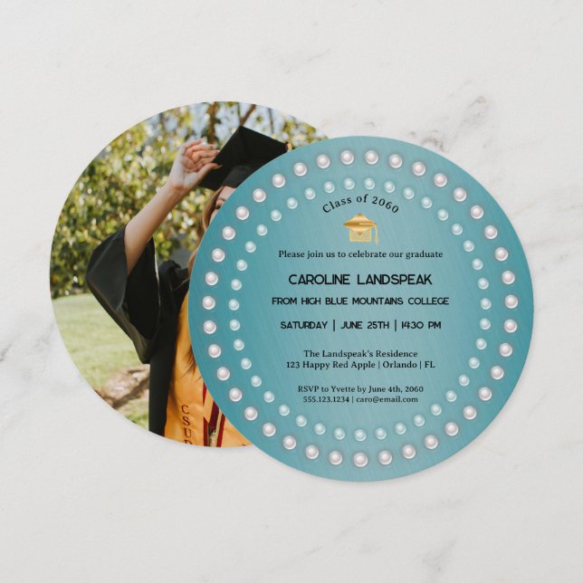Teal Blue Brushed Metal & Pearls Graduation Invitation (Front/Back)