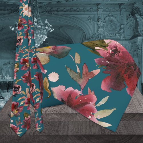 Teal Blue  Burgundy Raspberry Pink Peony Wedding Neck Tie