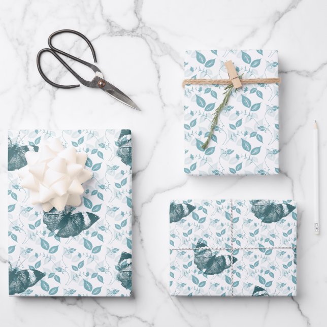 Teal Blue Butterflies Birthday Wrapping Paper Sheets (Front)