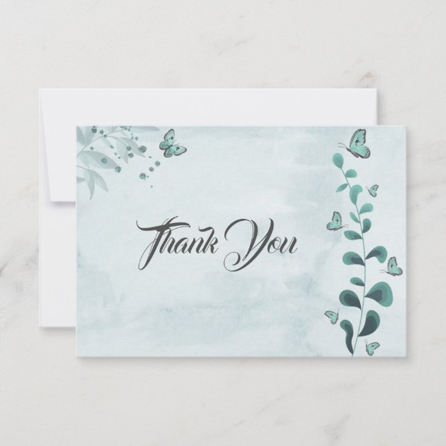 teal blue butterflies leaves botanical thank you card (Front)