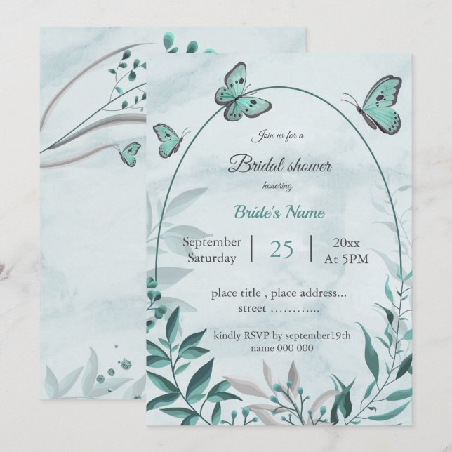 teal blue butterflies & leaves bridal shower  invi invitation (Front/Back)