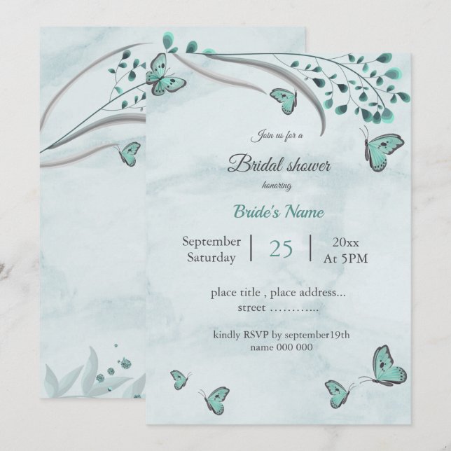 teal blue butterflies & leaves bridal shower invitation (Front/Back)