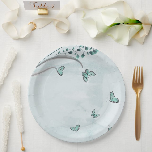 teal blue butterflies leaves floral paper plates (Wedding)